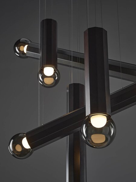 Designové závěsné svítidlo Brokis Prisma double small 1000, PC1318 Povrch Montury: žlutý zinek pískovaný + matný lak, Barva skla: Šedá kouřová - transparentní sklo, Povrchová úprava baldachýnu: žlutý zinek pískovaný + matný lak