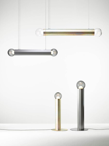 Designové závěsné svítidlo Brokis Prisma double small 700, PC1314 Povrch Montury: žlutý zinek pískovaný + matný lak, Barva skla: Šedá kouřová - transparentní sklo, Povrchová úprava baldachýnu: žlutý zinek pískovaný + matný lak
