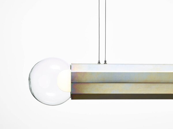 Designové závěsné svítidlo Brokis Prisma double large 1000, PC1315 Povrch Montury: žlutý zinek pískovaný + matný lak, Barva skla: Šedá kouřová - transparentní sklo, Povrchová úprava baldachýnu: žlutý zinek pískovaný + matný lak