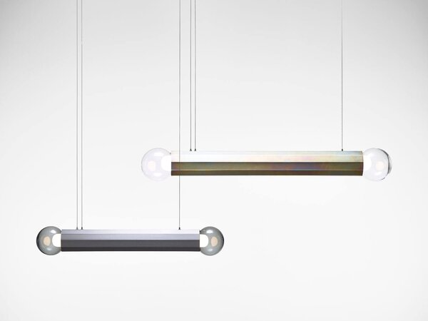 Designové závěsné svítidlo Brokis Prisma double small 700, PC1314 Povrch Montury: žlutý zinek pískovaný + matný lak, Barva skla: Šedá kouřová - transparentní sklo, Povrchová úprava baldachýnu: žlutý zinek pískovaný + matný lak