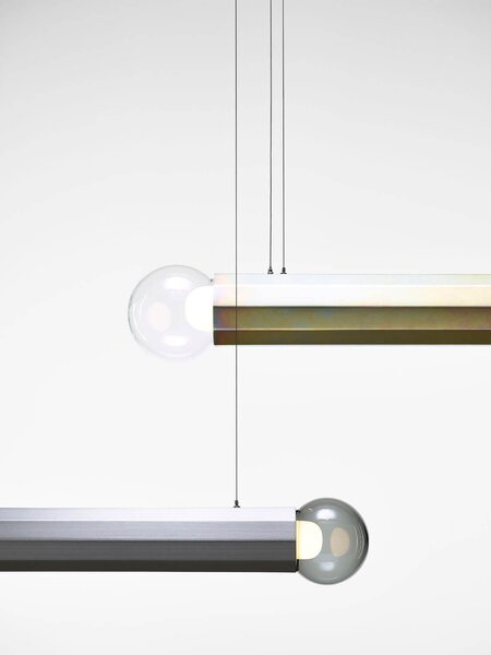 Designové závěsné svítidlo Brokis Prisma double small 700, PC1314 Povrch Montury: žlutý zinek pískovaný + matný lak, Barva skla: Šedá kouřová - transparentní sklo, Povrchová úprava baldachýnu: žlutý zinek pískovaný + matný lak