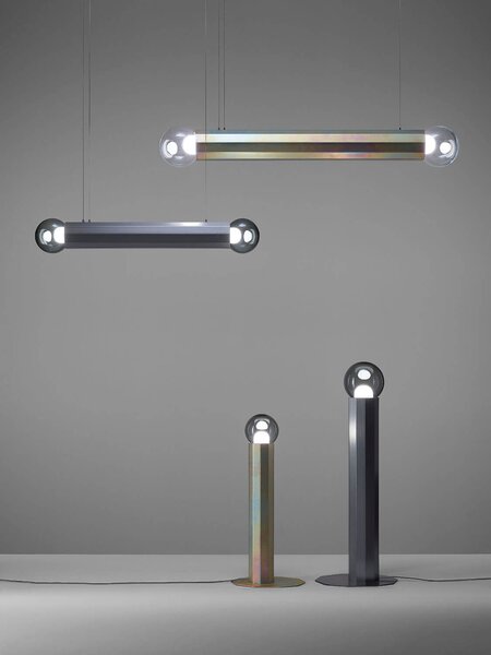 Designové závěsné svítidlo Brokis Prisma double small 700, PC1314 Povrch Montury: žlutý zinek pískovaný + matný lak, Barva skla: Šedá kouřová - transparentní sklo, Povrchová úprava baldachýnu: žlutý zinek pískovaný + matný lak
