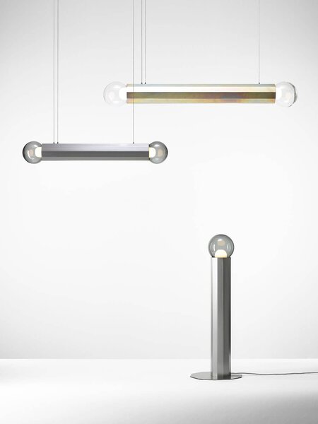 Designové závěsné svítidlo Brokis Prisma double small 700, PC1314 Povrch Montury: žlutý zinek pískovaný + matný lak, Barva skla: Šedá kouřová - transparentní sklo, Povrchová úprava baldachýnu: žlutý zinek pískovaný + matný lak