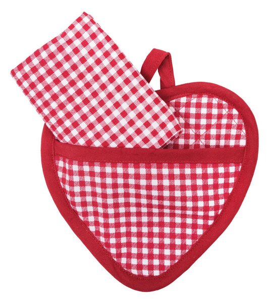 Chňapka SRDCE + utěrka - dárkový set kostička červenobílá 20 x 20 cm + 50 x 70 cm