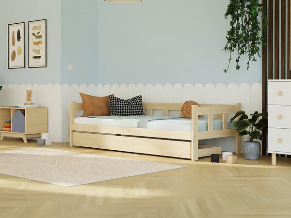 Dětská jednolůžková postel FENCE 4v1 se zábranou a úložným šuplíkem - Nelakovaná, 90x200 cm, S otevřeným vstupem