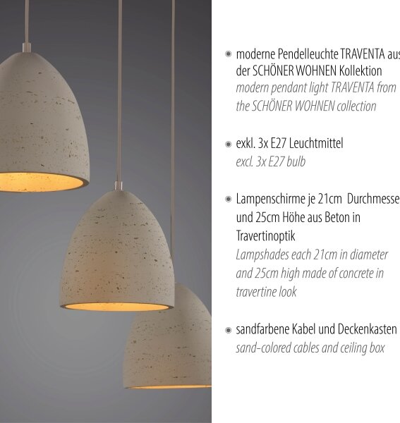 Schöner Wohnen 12541-42 - Lustr na lanku TRAVENTA 3xE27/40W/230V beton