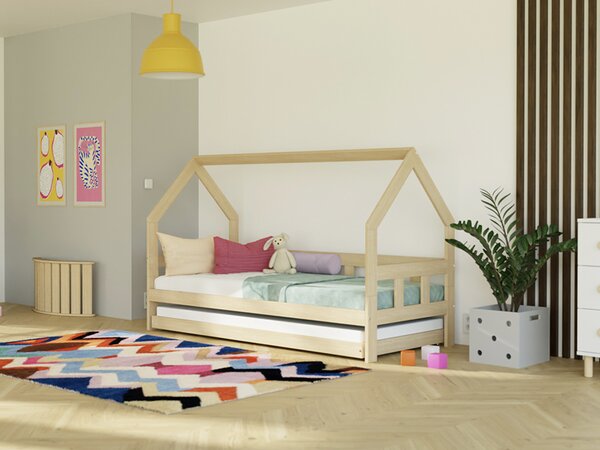 Dětská postel domeček FENCE 2v1 ze dřeva se zábranou a přistýlkou - Nelakovaná, 90x200 cm, S otevřeným vstupem