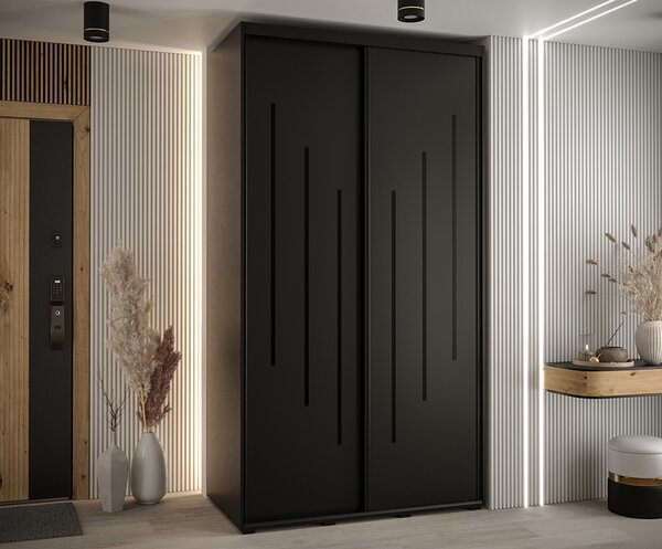 Šatní skříň s posuvnými dveřmi DAVOS 8, 140cm | Černá / černé pojezdy