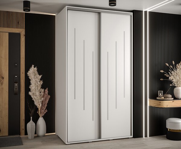 Šatní skříň s posuvnými dveřmi DAVOS 8, 140cm | Bílá / stříbrné pojezdy