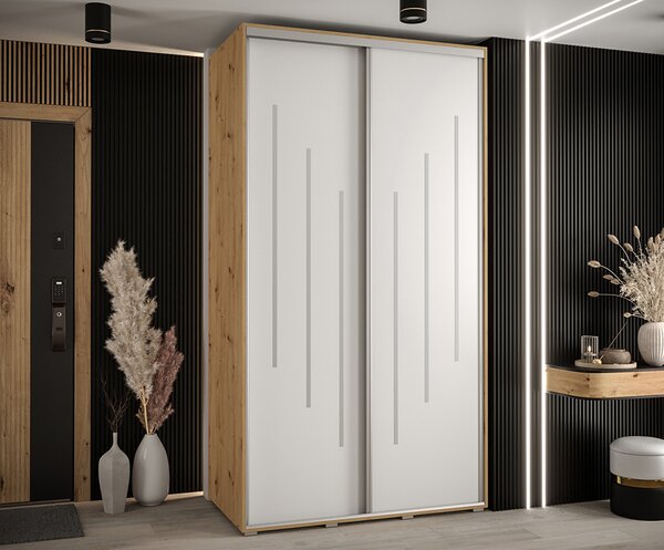 Šatní skříň s posuvnými dveřmi DAVOS 8, 140cm | DUB Artisan / bílá / stříbrné