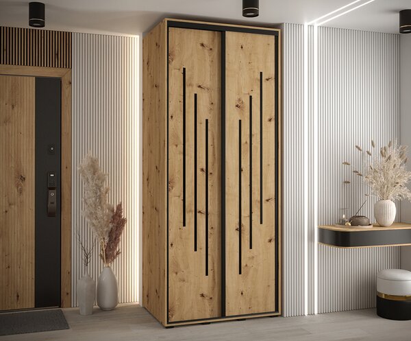 Šatní skříň s posuvnými dveřmi DAVOS 8, 100cm | DUB Artisan / černé pojezdy