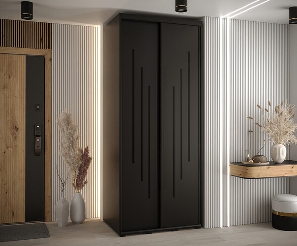 Šatní skříň s posuvnými dveřmi DAVOS 8, 100cm | Černá / černé pojezdy
