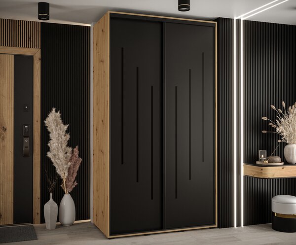Šatní skříň s posuvnými dveřmi DAVOS 8, 140cm | DUB Artisan / černá / černé pojezdy