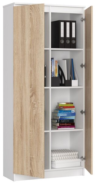 Regál R 80 cm CLP 2 dvířka 8 poliček bílá/dub sonoma