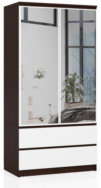 Šatní skříň se zrcadly S90 2 dvířka 2 zásuvky wenge/bílá