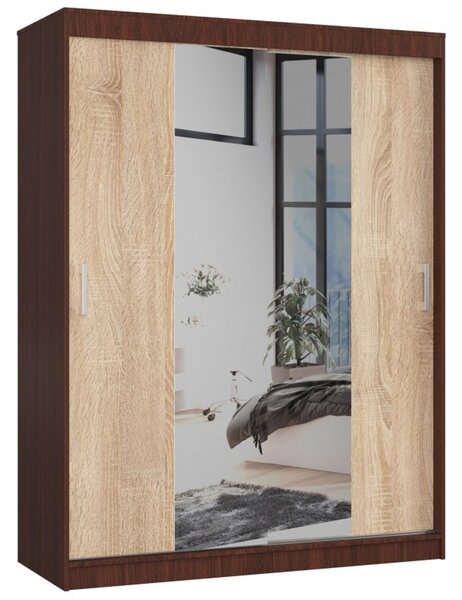 Šatní skříň posuvná 150cm CLP se zrcadlem wenge/dub sonoma