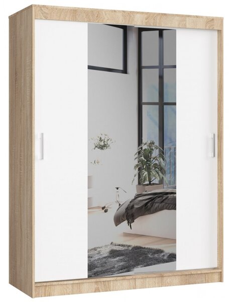 Šatní skříň posuvná 150cm CLP se zrcadlem dub sonoma/bílá