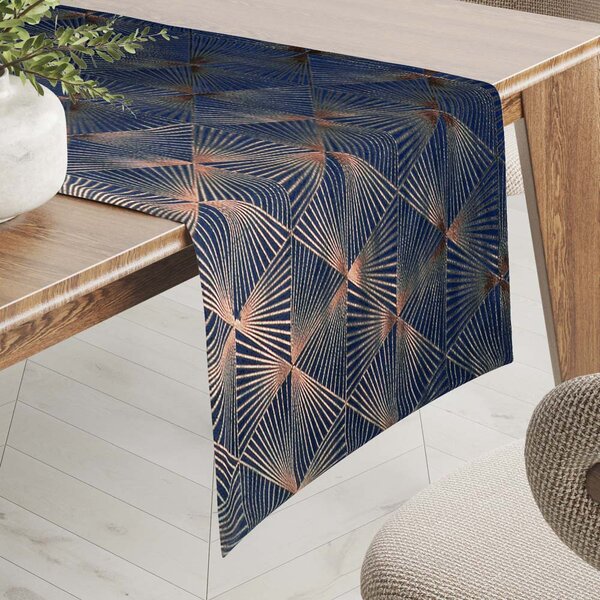 Biante Sametový běhoun na stůl Isabela IBL-011 Rose Gold trojúhelníky na královsky modrém 20x120 cm