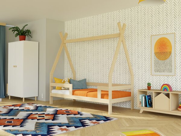 Dětská dřevěná postel SAFE 5v1 ve tvaru teepee se zábranou - Nelakovaná, 90x180 cm, Se dvěma zábranami