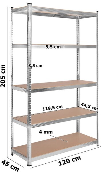 Regál 205x120x45 cm stříbrný