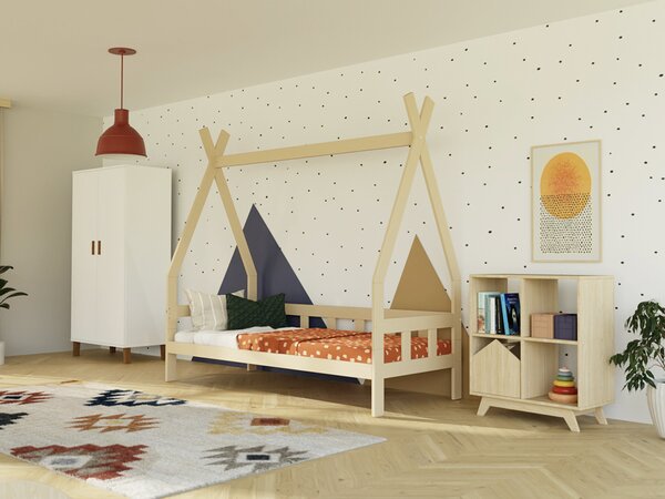 Dětská teepee postel FENCE 4v1 ze dřeva se zábranou - Nelakovaná, 90x180 cm, S otevřeným vstupem