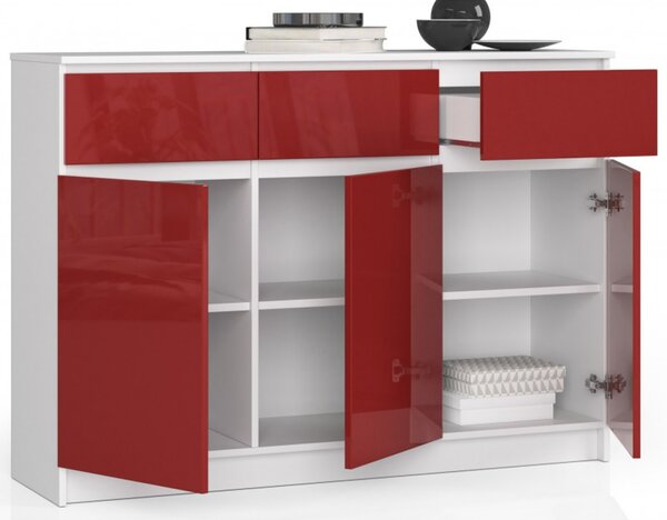 Komoda K140 3D3SZ bílá/červená lesk
