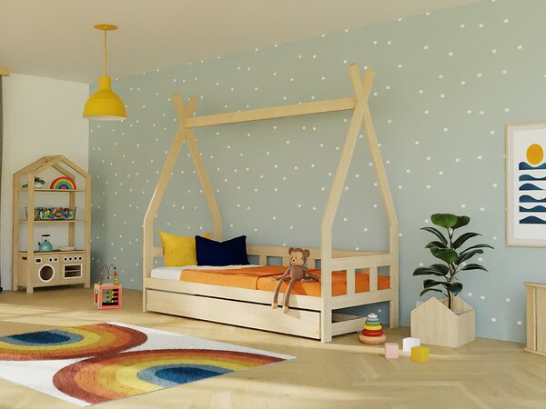 Dětská teepee postel FENCE 4v1 ze dřeva se zábranou a úložným šuplíkem - Nelakovaná, 90x160 cm, S otevřeným vstupem