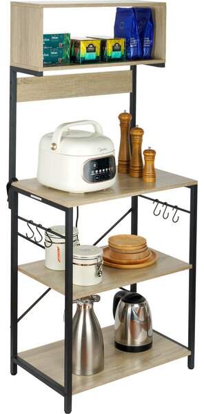VEVOR 4stupový kuchyský regál Stojanový regál 600 x 380 x 1530 mm, pekaský regál se 6 háky a policemi, nosnost 54,9 kg Regál na mikrovlnnou troubu, prmyslový design, nádobí, varná konvice, toustova, úloný prostor