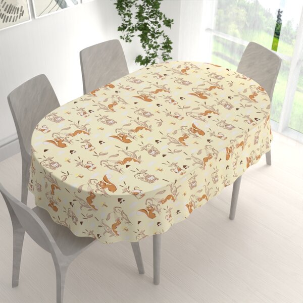 Biante Dětský bavlněný oválný ubrus Sandra SA-700 Veverky a ježci na světle vanilkovém 50x100 cm