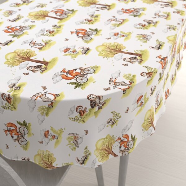 Biante Dětský bavlněný oválný ubrus Sandra SA-697 Lišky na kolách - zelené na bílém 50x100 cm