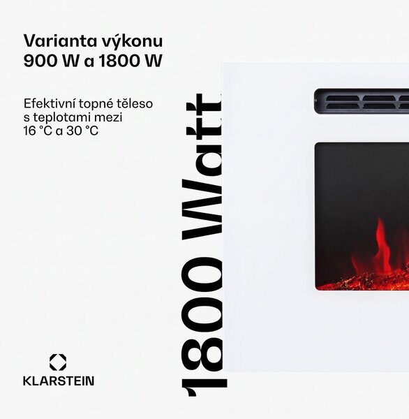 Klarstein Elektrický krb, elektrické ohřívače do obýváku a interiéru, elektrický krb s LED plameny, krb na dálkové ovládání, ventilátorový ohřívač s časovačem, nastavitelný termostat, ohřívač 1800 W