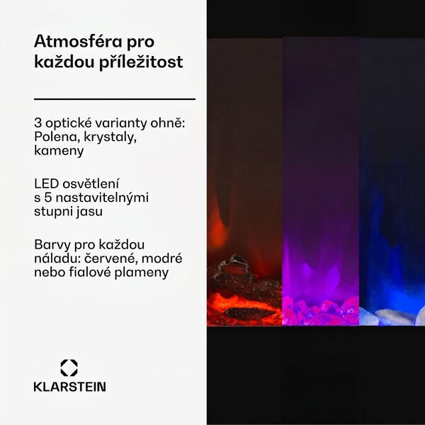 Klarstein Elektrický krb, elektrické ohřívače do obýváku a interiéru, elektrický krb s LED plameny, krb na dálkové ovládání, ventilátorový ohřívač s časovačem, nastavitelný termostat, ohřívač 1800 W