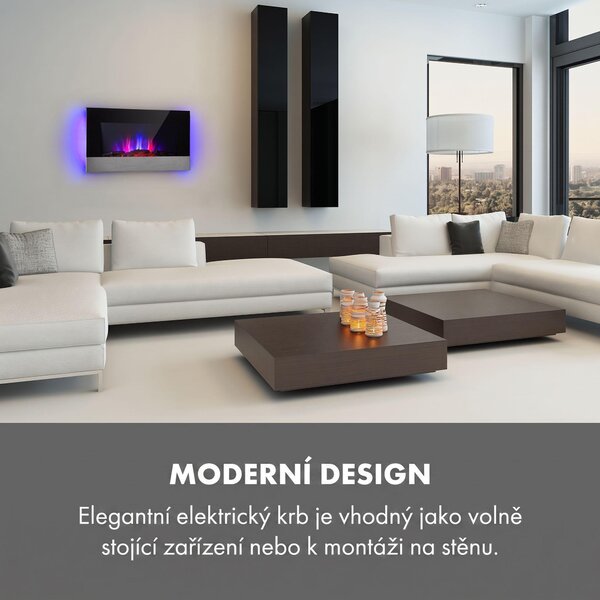 Klarstein Basel Elektrický krb - ventilátorový ohřívač s výkonem 1000 nebo 2000 W, 2 stupně ohřevu, LED iluze plamene v 7 barvách, termostat, montáž na stojan nebo na stěnu, týdenní časovač, černá