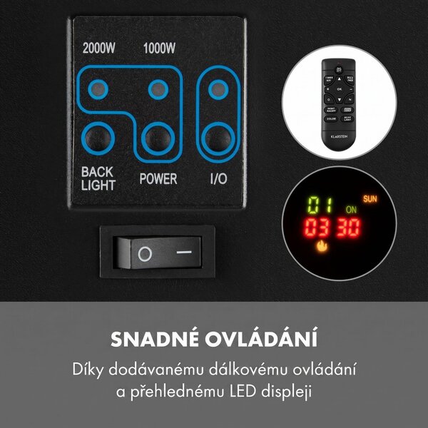 Klarstein Basel Elektrický krb - ventilátorový ohřívač s výkonem 1000 nebo 2000 W, 2 stupně ohřevu, LED iluze plamene v 7 barvách, termostat, montáž na stojan nebo na stěnu, týdenní časovač, černá