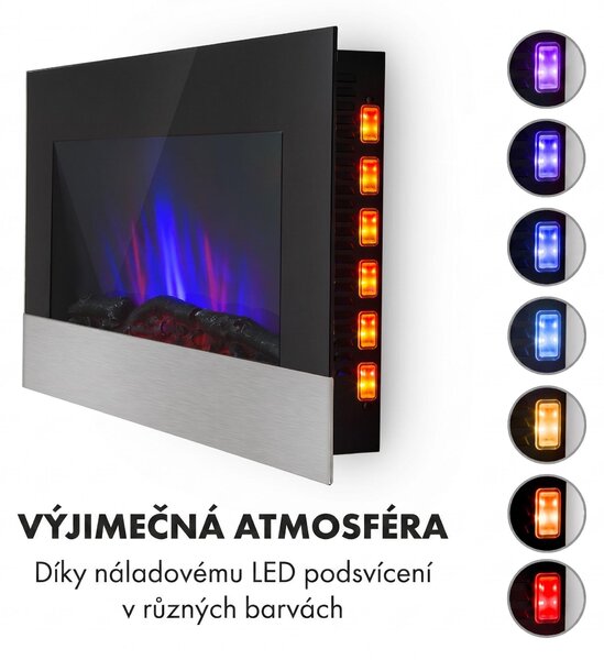 Klarstein Basel Elektrický krb - ventilátorový ohřívač s výkonem 1000 nebo 2000 W, 2 stupně ohřevu, LED iluze plamene v 7 barvách, termostat, montáž na stojan nebo na stěnu, týdenní časovač, černá