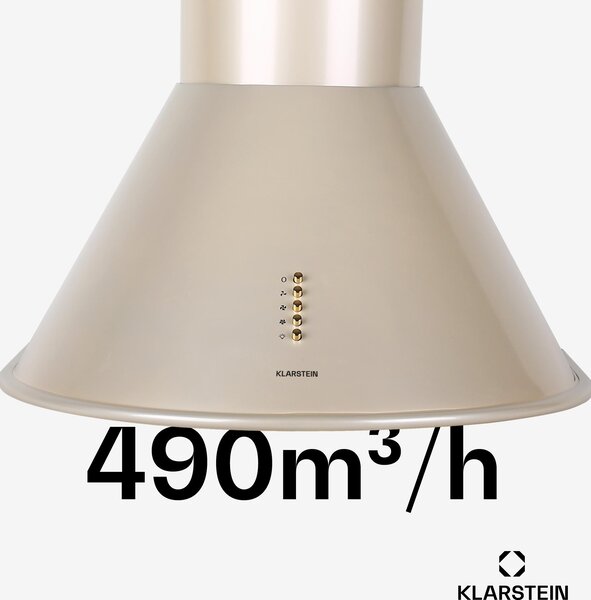 Klarstein Lumio Primo - Retro digestoř, odsávací digestoř, šířka 60 cm, max. průtok odsávání 352 m³/h, 3 stupně výkonu, 75 cm zábradlí, pouzdro z ušlechtilé oceli, champagne