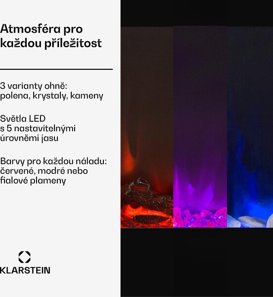 Klarstein Elektrický krb, elektrické ohřívače do obýváku a interiéru, elektrický krb s LED plameny, krb na dálkové ovládání, ventilátorový ohřívač s časovačem, nastavitelný termostat, ohřívač 1800 W