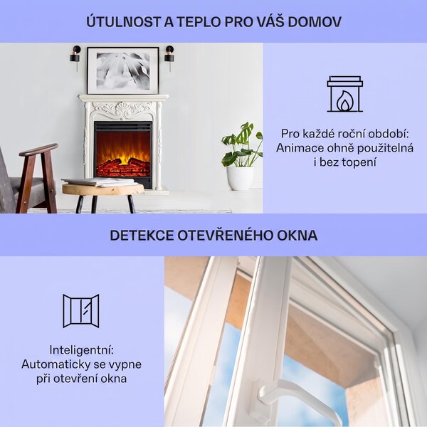 Klarstein Dekorativní krb s LED plameny, elektrický krb s ohřívačem, 1800W elektrický krb, úsporný elektrický krb, nástěnný krb s dálkovým ovládáním a časovačem, elektrické krby s MDF krytem