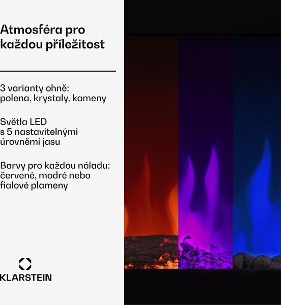 Klarstein Inteligentní elektrický krb Galeras, 2 nastavení teploty, 16 - 30°| Iluze plamene LED, Možnost připojení k IOT
