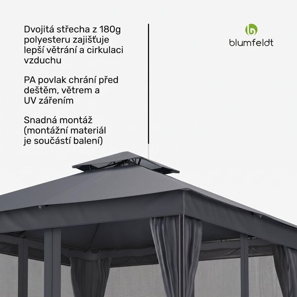 Blumfeldt Mondo Dual Pavilion 3x3 - dvojitá střecha a sítě proti komárům, kovový rám odolný proti povětrnostním vlivům, závěsy na ochranu soukromí, zahradní altán, snadná montáž, tmavě šedá barva