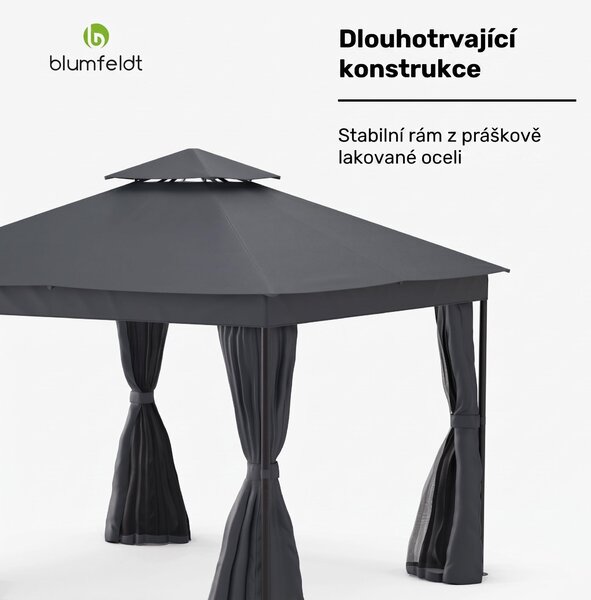 Blumfeldt Mondo Dual Pavilion 3x3 - dvojitá střecha a sítě proti komárům, kovový rám odolný proti povětrnostním vlivům, závěsy na ochranu soukromí, zahradní altán, snadná montáž, tmavě šedá barva