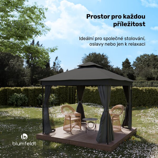Blumfeldt Mondo Dual Pavilion 3x3 - dvojitá střecha a sítě proti komárům, kovový rám odolný proti povětrnostním vlivům, závěsy na ochranu soukromí, zahradní altán, snadná montáž, tmavě šedá barva