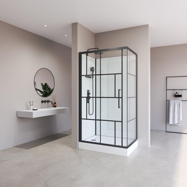 Kompletní sprcha MARWELL Designová kompletní sprcha Cihly 110 x 80 x 225 cm - Kompletní sada včetně sprchové vaničky a baterie - Rohová sprcha s čelním vstupem - Sprchový kout s vysoce kvalitními hliníkovými profily