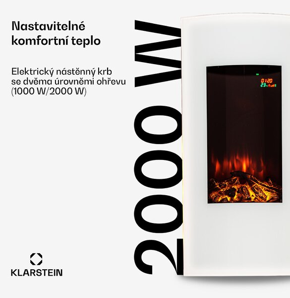 Klarstein Elektrický krb, elektrický krb do obývacího pokoje a interiéru, elektrický krb s LED plameny, ventilátorový ohřívač s časovačem, nastavitelný termostat, ohřívač 2000 W