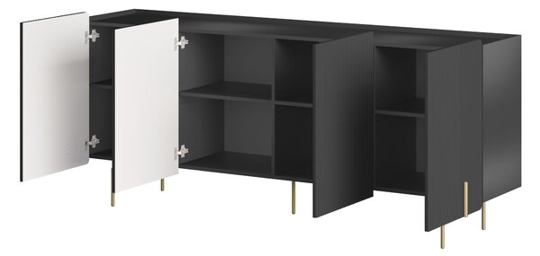 Komoda Malmi 200 cm čtyřdveřová - černý mat / zlaté nohy