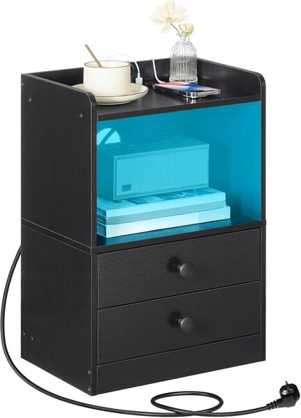 VASAGLE Noční stolek Silven 38 cm s LED osvětlením a nabíjecí stanicí černý