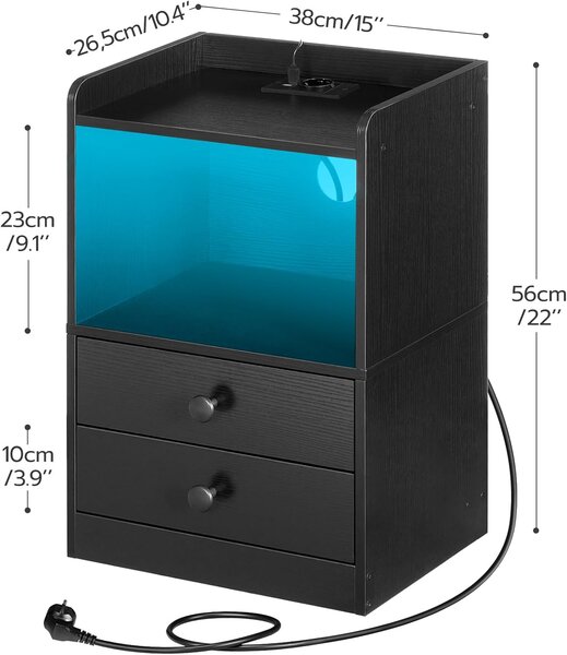VASAGLE Noční stolek Silven 38 cm s LED osvětlením a nabíjecí stanicí černý