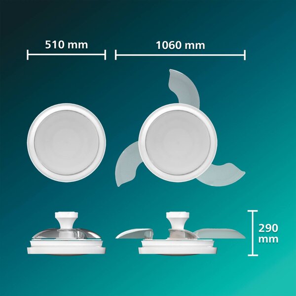 Philips Stropní ventilátor LED Bliss, lesklá bílá, DC, tichý, stmívatelný, Bílá / opál, Obývací pokoj / jídelna, kov, Moderní