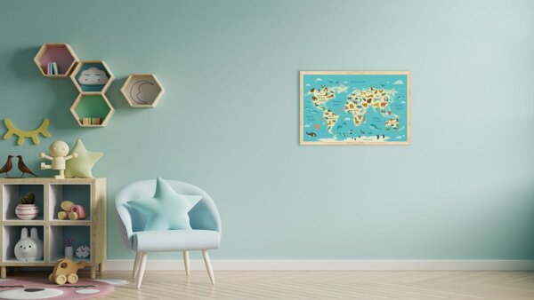 Allboards,Magnetický obraz- mapa světa zvířat pro děti 60x40cm v přírodním dřevěném rámu,TM64D_00060