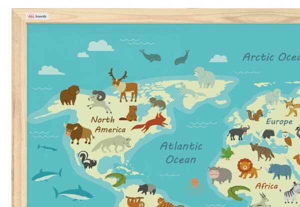 Allboards,Magnetický obraz- mapa světa zvířat pro děti 60x40cm v přírodním dřevěném rámu,TM64D_00060